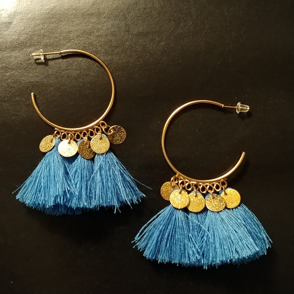 β€π Gold & mid Blue Coin Tassel Boho Hoop Earrings - Picture 3 of 4